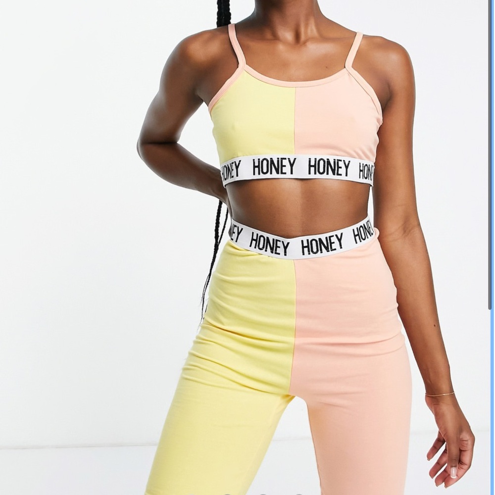 Threadbare "Honey" Logo Color-Block Bralette & Biker Shorts Set - Yellow/Coral-L